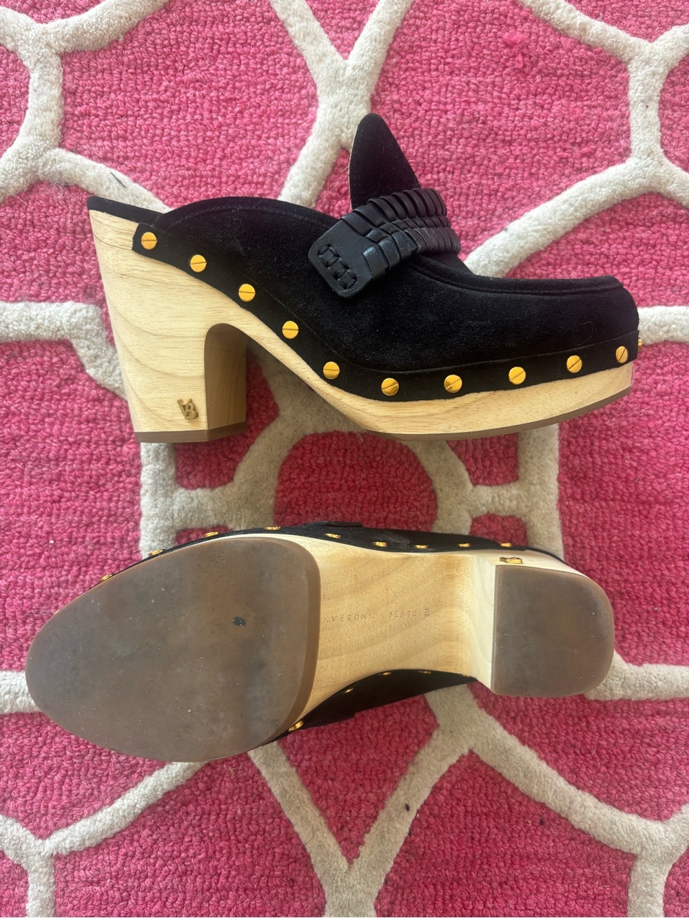 VERONICA BEARD - Black Suede Platform Clog Heels with Wood Sole - Picture 2 of 5